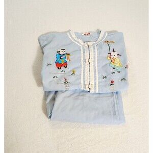 Vintage Chinese Embroidered Kids Two Piece Outfit Shirt Pants Set Size 10